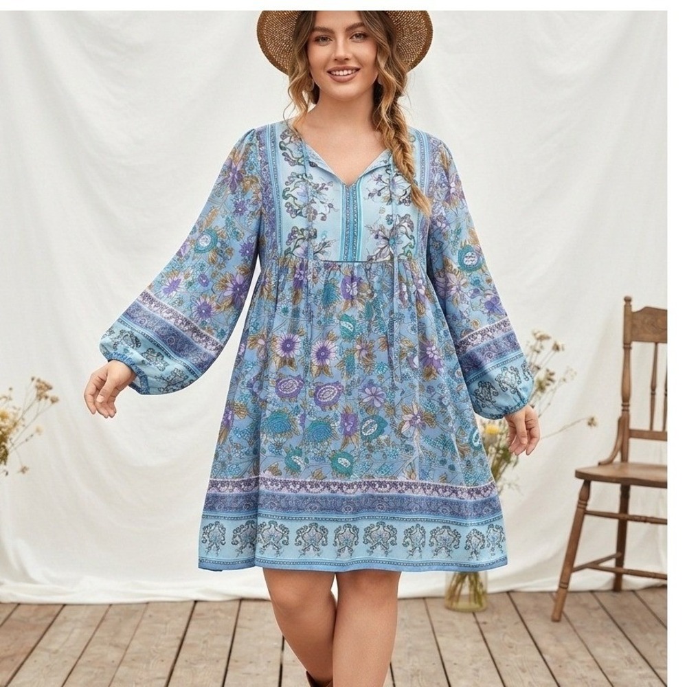 NEW Floral Peasant Dress Sz XL Blue Boho Long Sleeve Tie Neck Tunic Lightweight